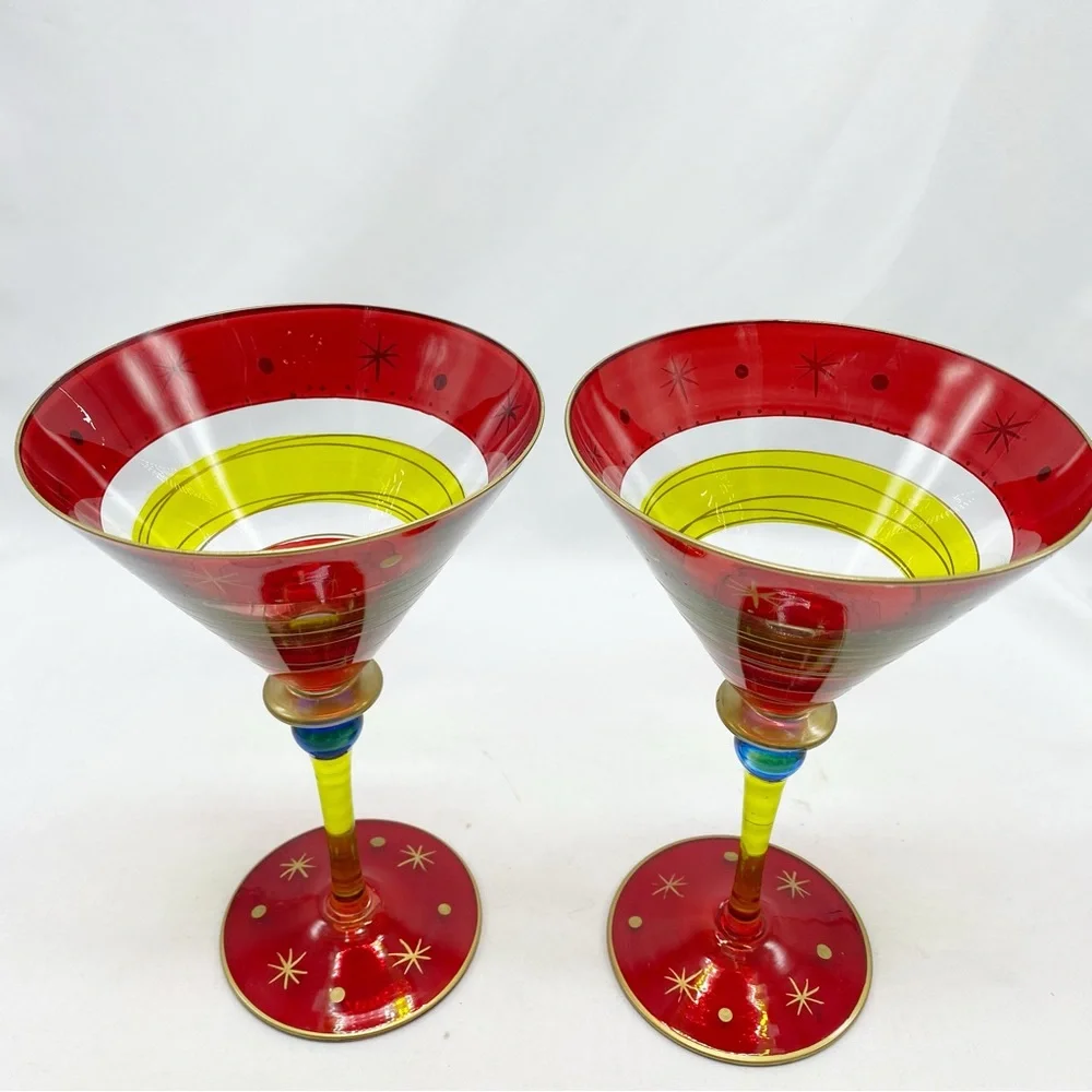 Vintage Pier One Martini Glasses Festive Red Star Dot Pattern Set of 2